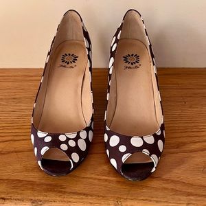 NWOB Brown + White Polka Dot Peep-toe Wedges by Yellow Box